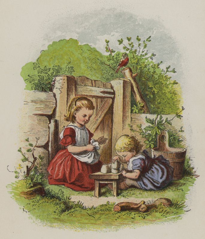 Bir bahçede oynayan iki küçük kız (renkli taş) by Oskar Pletsch