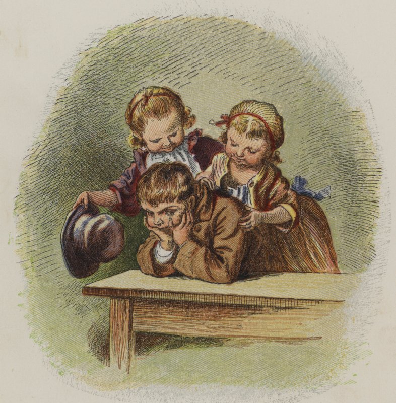 Huysuz bir çocuğu neşelendirmeye çalışan iki küçük kız (renkli taş) by Oskar Pletsch