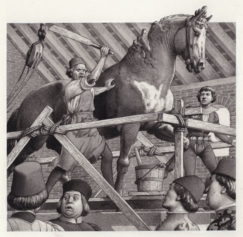 Andrea Verrocchio bir at heykelinin başını kırıyor (kağıt üzerine guaj) by Pat (1907-95) Nicolle