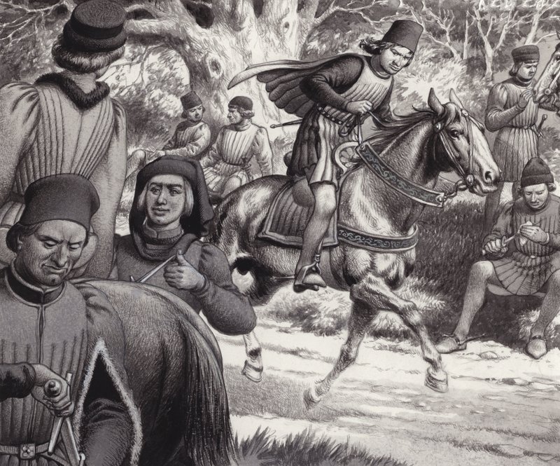 Lorenzo de Medici atıyla geçerken komplocular bakıyor (kağıt üzerine guaj) by Pat (1907-95) Nicolle