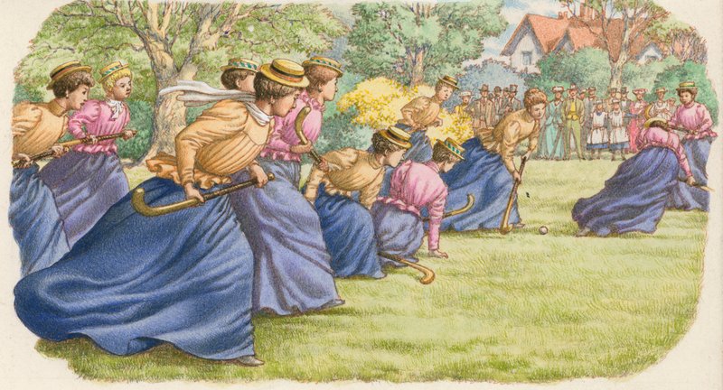 Uzun etekli kadınlar tarafından oynanan hokey (kağıt üzerine guaj) by Pat (1907-95) Nicolle
