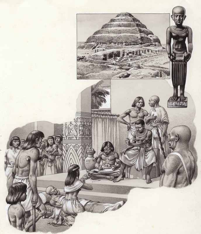 Imhotep "iyi hekim" hasta bir adama öğüt veriyor (kağıt üzerine guaj) by Pat (1907-95) Nicolle