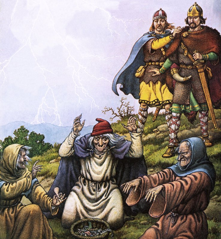 Macbeth ve üç cadı by Pat (1907-95) Nicolle