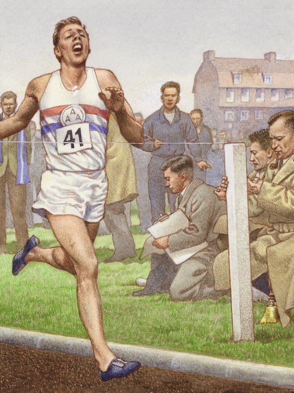 Roger Bannister ilk dört dakikalık mili koşuyor (kağıt üzerine guaj) by Pat (1907-95) Nicolle