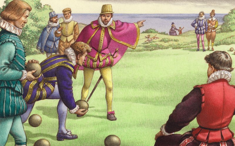 Sir Francis Drake İspanyol Armadası gelmeden önce kâse oynarken (kâğıt üzerine guaj) by Pat (1907-95) Nicolle