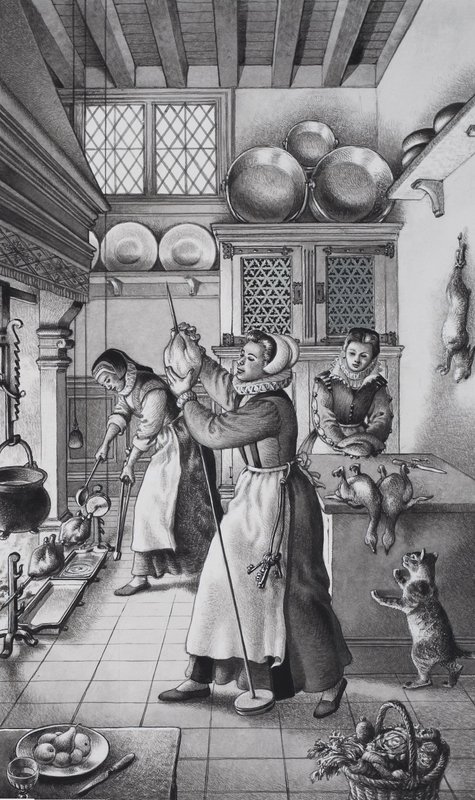 On Altıncı Yüzyıl Mutfağı (kağıt üzerine guaj) by Pat (1907-95) Nicolle