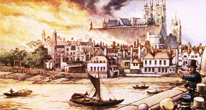 Eski Parlamento Binası 1834 yılında çıkan yangında yok oldu by Pat (1907-95) Nicolle
