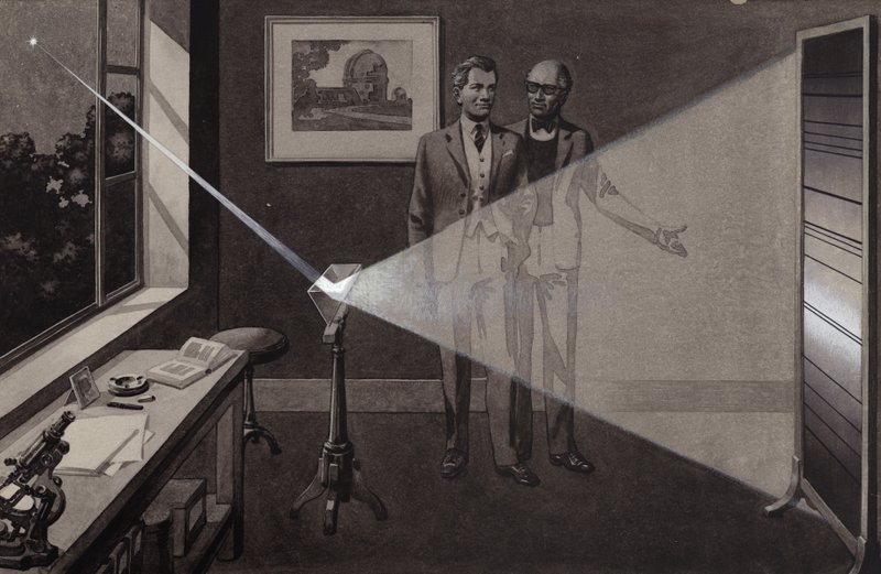 Bir yıldızdan gelen ışık bir prizmaya çarparak gökkuşağı renklerine ayrılır (kağıt üzerine guaj) by Pat (1907-95) Nicolle