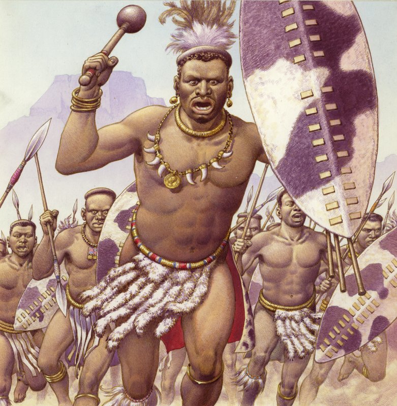 Zulu savaşçısı (kağıt üzerine guaj) by Pat (1907-95) Nicolle