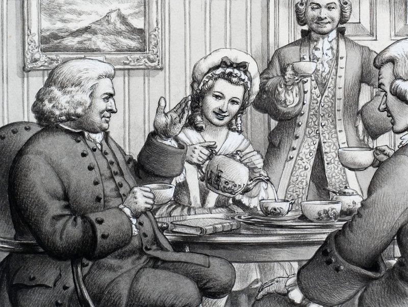 Dr Johnson çay içiyor, Bay ve Bayan Thrale tarafından ağırlanıyor by Pat (1907-95) Nicolle