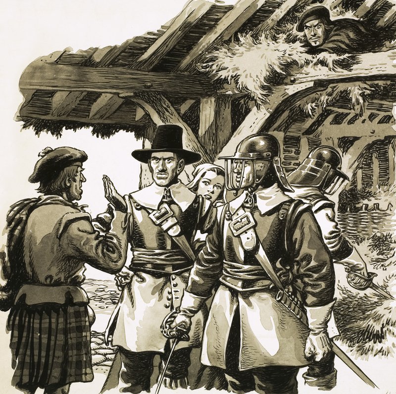 Bir çiftçinin samanlığında saklanan Montrose Markisi, askerlerin kendisini aramasını dinledi. by Pat (1907-95) Nicolle