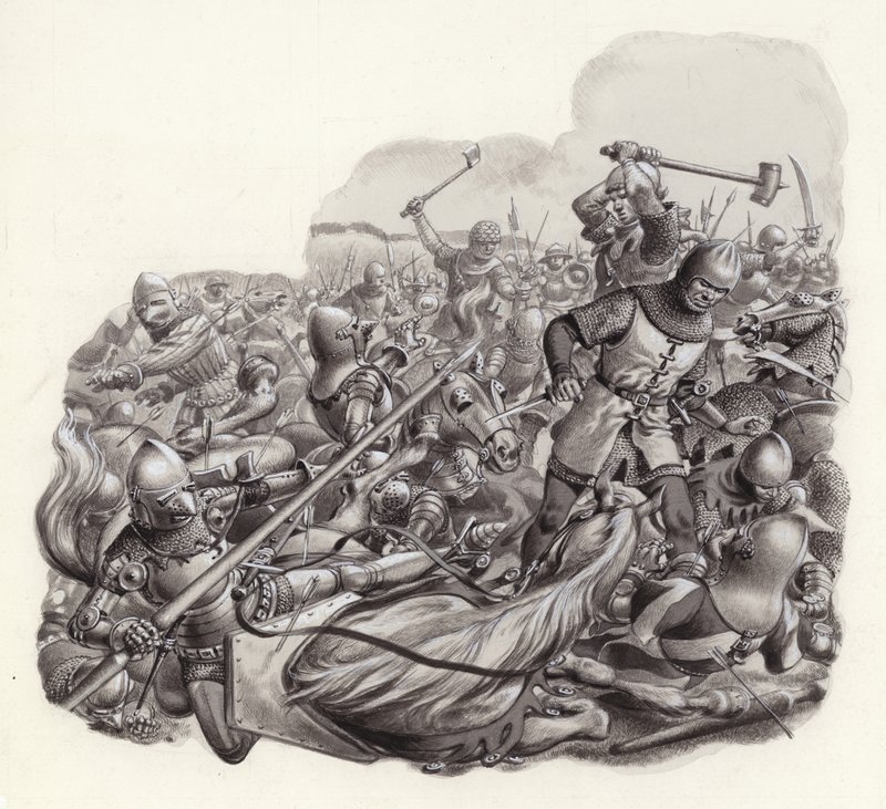 Savaş alanında katledilen şövalyeler (kağıt üzerine guaj) by Pat (1907-95) Nicolle