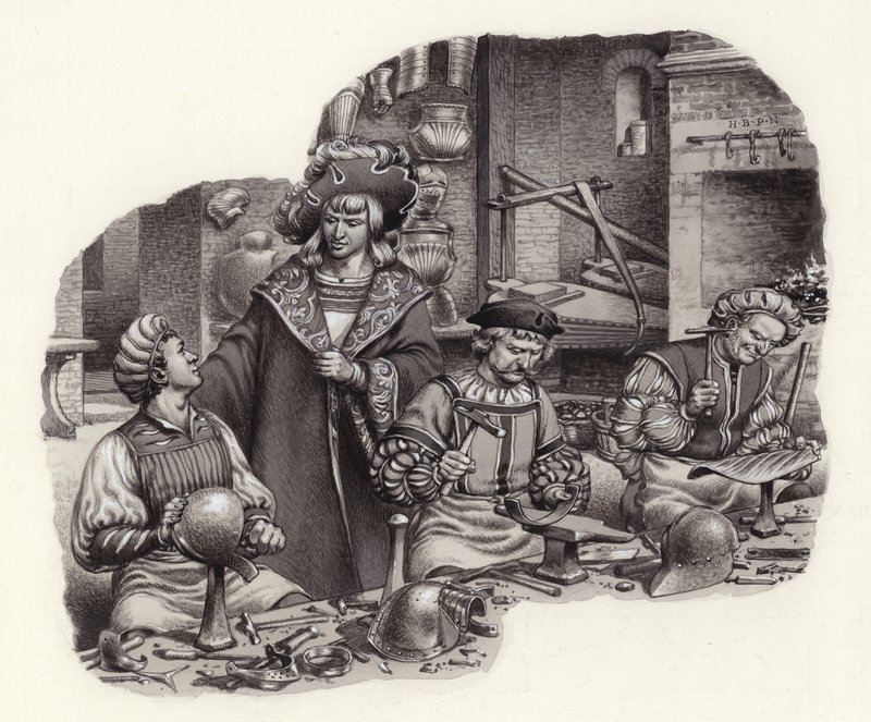 İmparator Maximilian zırhçısının atölyesinde (kağıt üzerine guaj) by Pat (1907-95) Nicolle