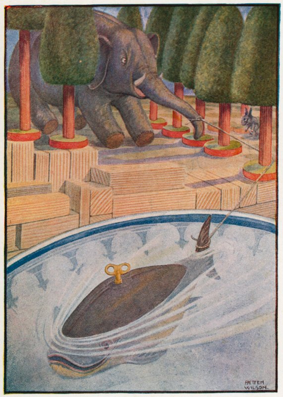 Balina çekmeye başladı ve fil çekmeye başladı (renkli litho) by Patten Wilson