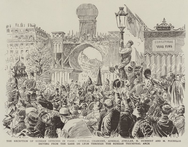 Paris'te Rus Subayların Kabulü, General Chanoine, Amiral Avellan, M Humbert ve M Poubelle, Gare de Lyon'dan Rus Zafer Takı'ndan geçerken by Paul Destez