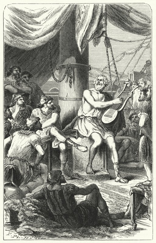 Homer yabancı denizcileri bir şarkıyla eğlendiriyor (gravür) by Paul Dominique Philippoteaux