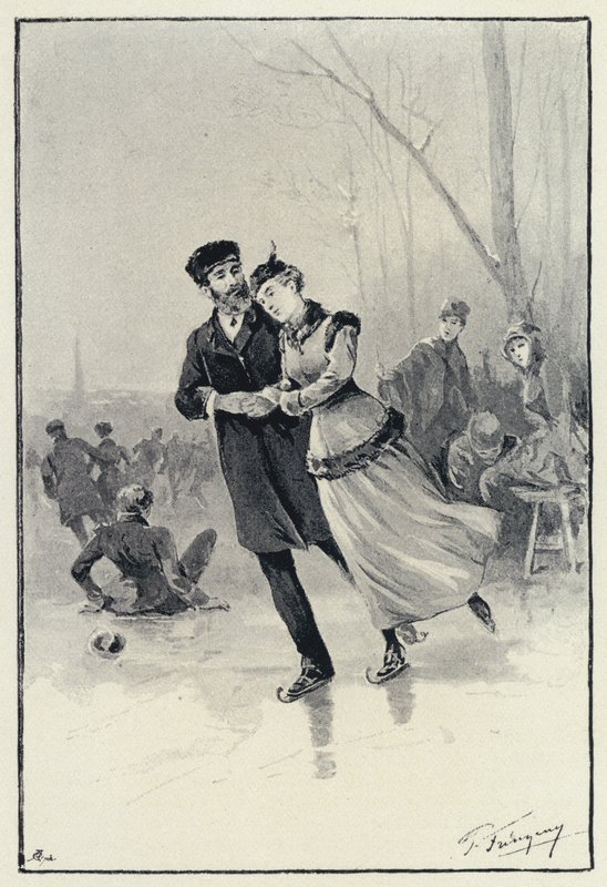 Anna Karenina için illüstrasyon: Levin ve Kitty buzun üzerinde (lito) by Paul Frenzeny