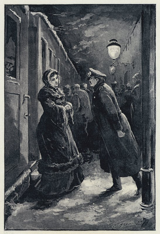 Anna Karenina için illüstrasyon: Vronsky istasyonda Anna ile karşılaşır (litho) by Paul Frenzeny