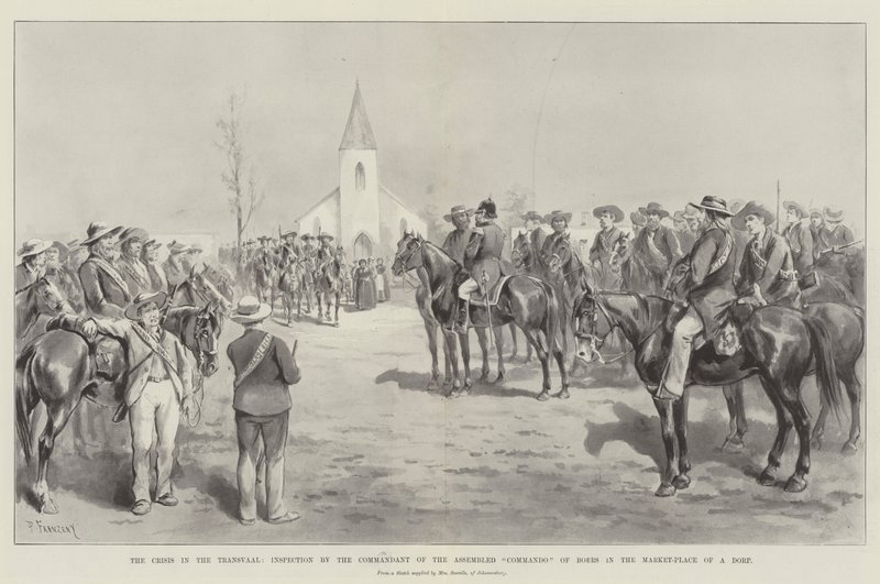 Transvaal'daki Kriz, Bir Dorp'un Pazar Yerinde Toplanan Boers Komandolarının Komutanı Tarafından Teftiş by Paul Frenzeny