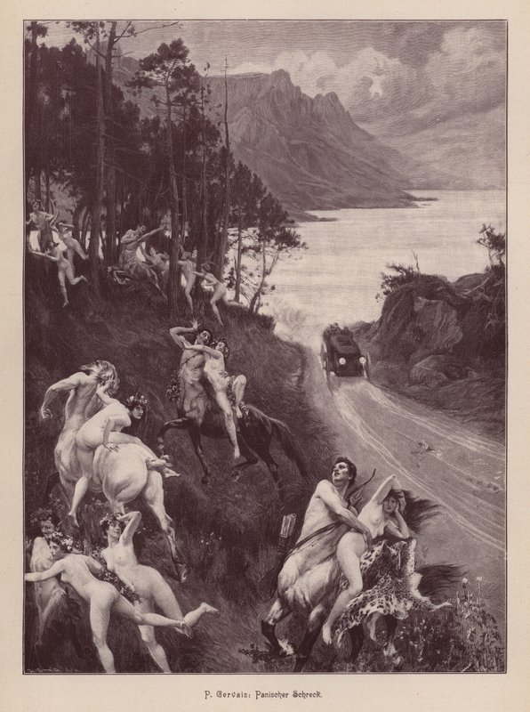Bir motorlu arabadan korkan satirler ve periler (gravür) by Paul Jean Gervais
