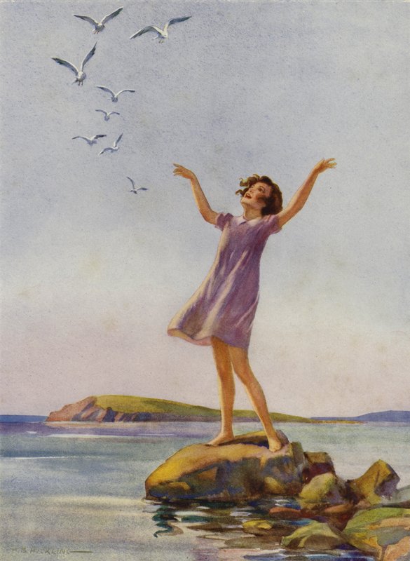 Deniz kenarında güneşin tadını çıkaran kız (renkli taş) by Percy Bell Hickling