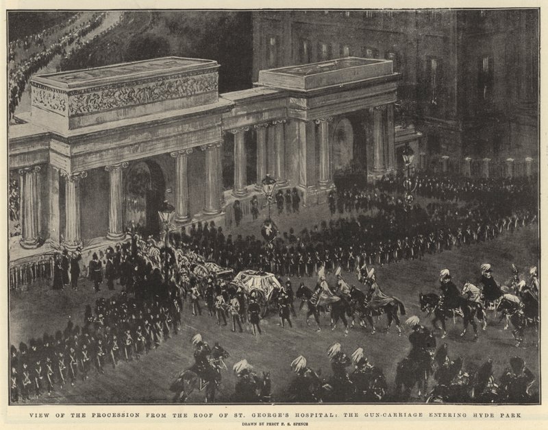 St George's Hastanesinin Çatısından Alayı Görüntüle, Hyde Park'a Giren Silah Arabası by Percy F.S. Spence