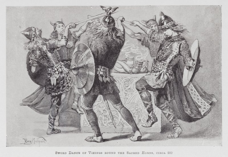 Dans: Vikinglerin Kılıç Dansı, Kutsal Boynuzlar etrafında, yaklaşık 900 (lito) by Percy Macquoid