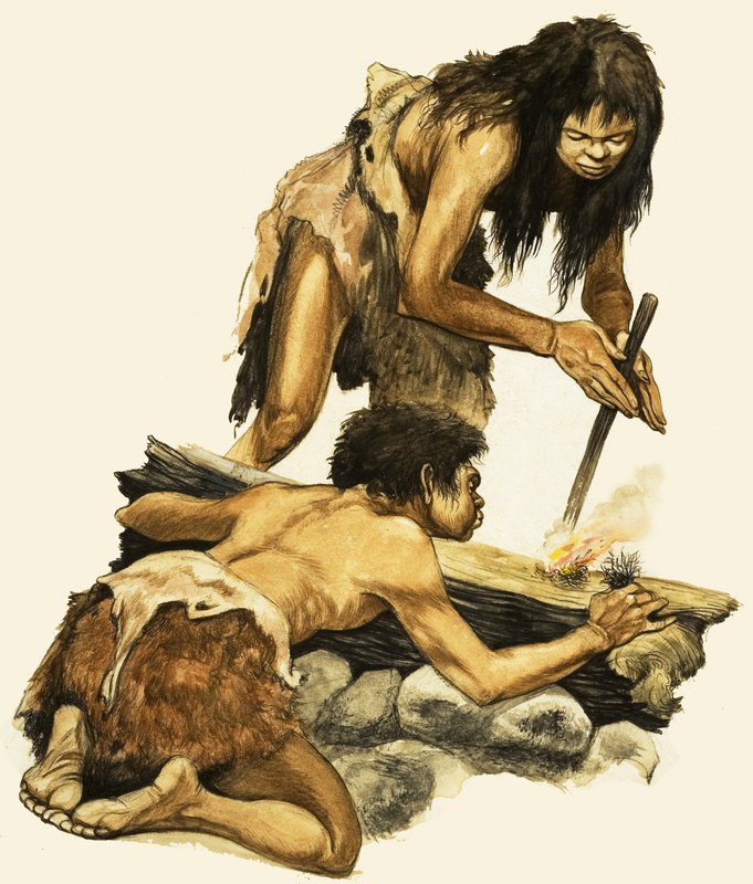 A Stone Age mother and child making a fire by Peter Jackson