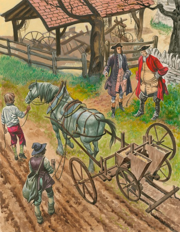 A farmer showing off his labourers using the new drilling machine invented by Jethro Tull  by Peter Jackson