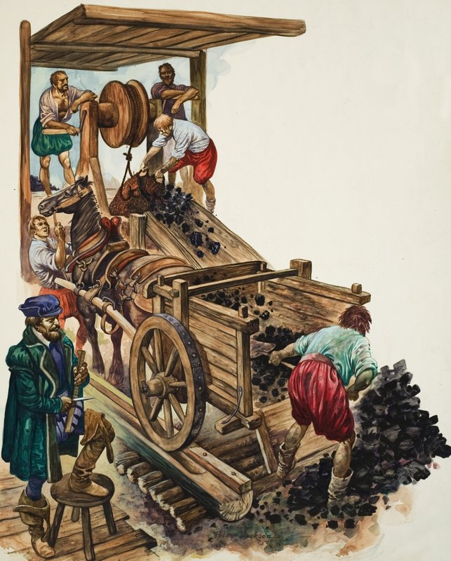 Bir madenci bir arabayı doldururken ve diğerleri daha fazlasını yüzeye çıkarırken bir çetele görevlisi madenden kaç yük kömür çıktığını not ediyor (kağıt üzerine guaj) by Peter Jackson