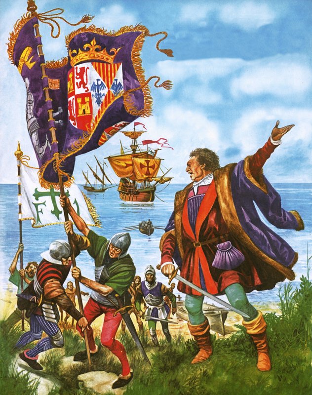 Christopher Columbus, yeni bulunan Amerika topraklarına İspanyol Kraliyet Standardını dikiyor by Peter Jackson