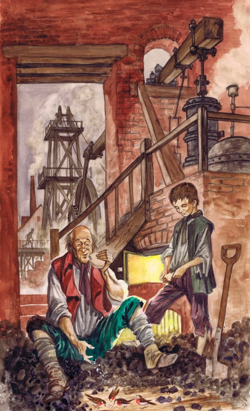 George Stephenson, babasının evcilleştirdiği kızılgerdanlara kırıntıları beslediğini izliyor (kağıt üzerinde guaj boya) by Peter Jackson