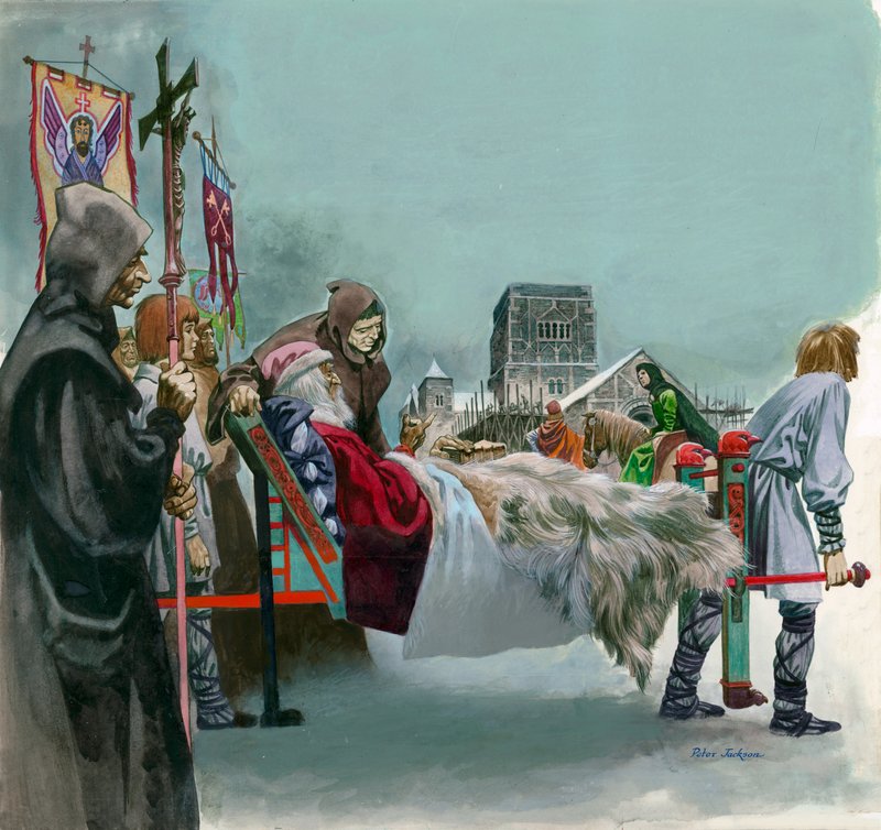 King Edward, later Saint Edward the Confessor, watches the building of West Minster from a litter where he lies ill  by Peter Jackson
