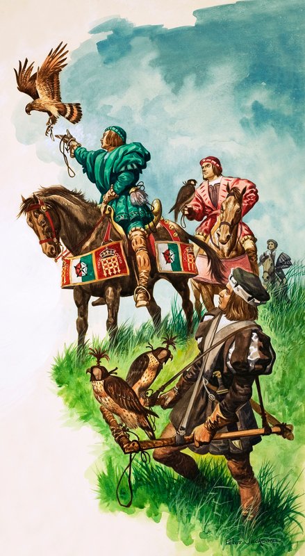 Kral Henry VII avlanırken şahini serbest bırakıyor (kağıt üzerinde guaş) by Peter Jackson