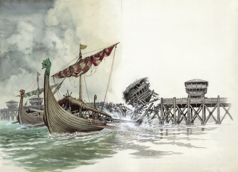 1014 yılında Norseman Olaf liderliğindeki Viking saldırısında Londra Köprüsü yıkılıyor. by Peter Jackson