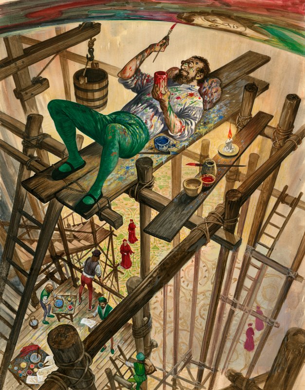 Michelangelo painting the ceiling of the Sistine Chapel in Rome, the Pope watching from far below  by Peter Jackson