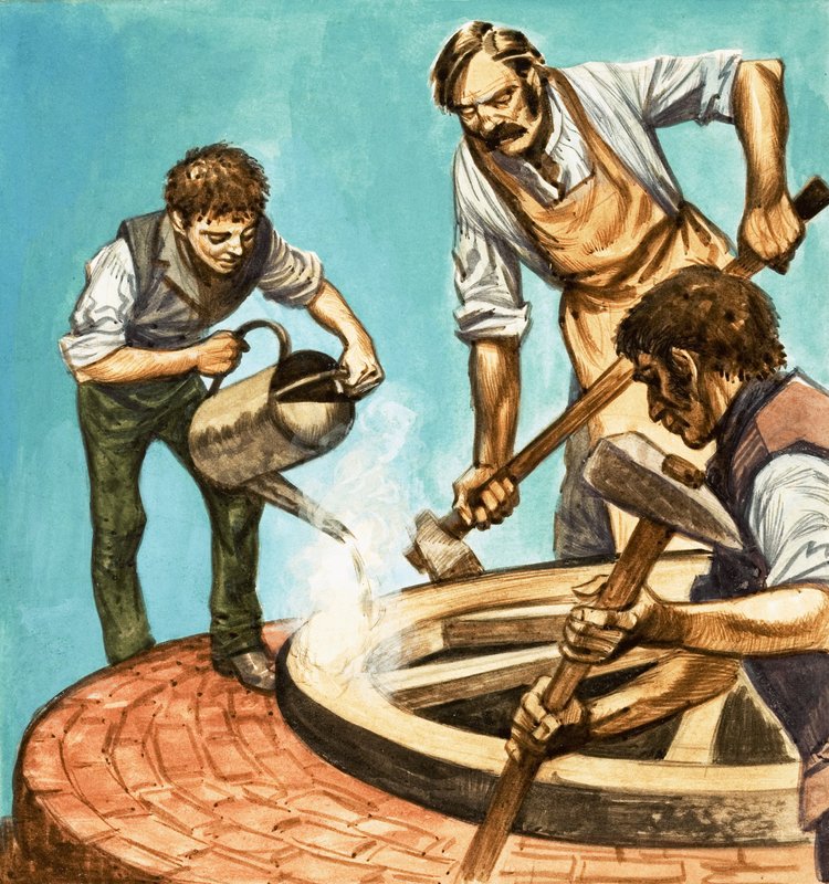 Once Upon a Time... village life one hundred years ago. Wheelwrights putting the iron rim on a wheel by Peter Jackson