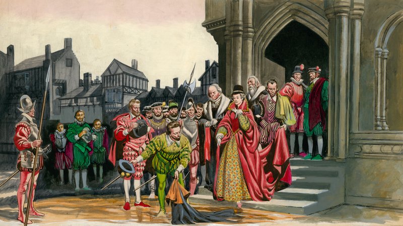 Sir Walter Raleigh, Kraliçe I. Elizabeth için pelerinini bırakıyor by Peter Jackson