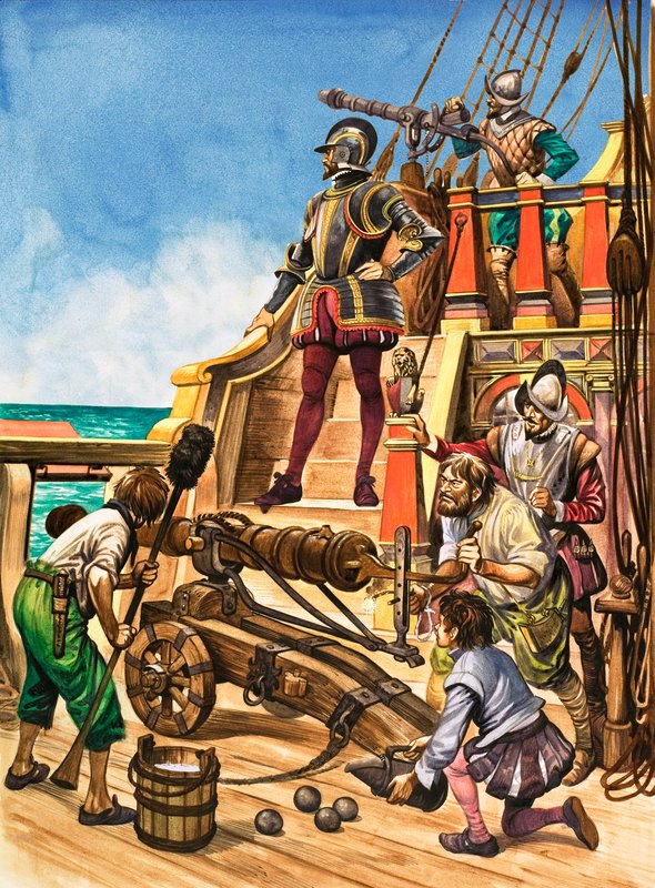 Silahların Gelişi. Elizabeth dönemine ait bir gemide silahlı mürettebat by Peter Jackson