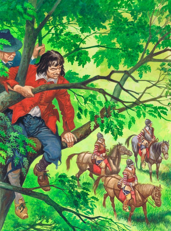 Gelecekteki Kral II. Charles Boscobel meşesinde saklanıyor (kağıt üzerinde guaj) by Peter Jackson
