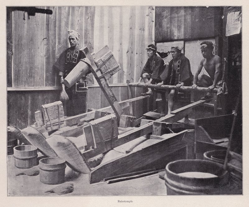 Pirinç dövücü kullanarak pirinç unu yapmak veya pirinç unu yapmak, Japonya (s/b fotoğraf) by Photographer Japanese