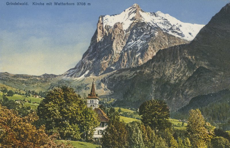 Grindelwald Kilisesi ve Wetterhorn, İsviçre (renkli fotoğraf) by Photographer Swiss