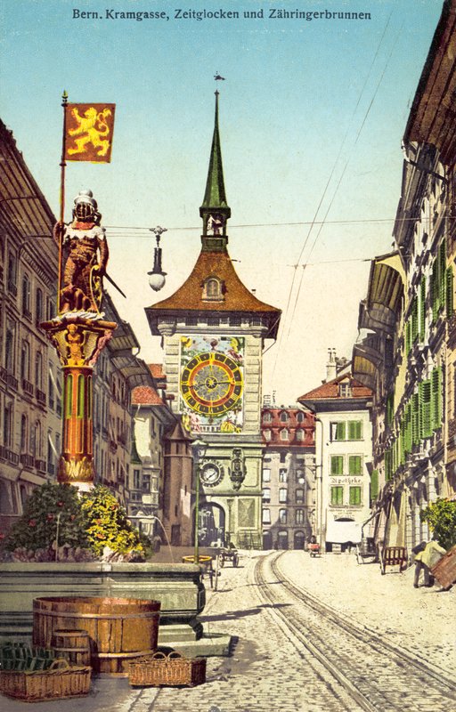 Zytglogge saat kulesi ve Zahringerbrunnen çeşmesi, Kramgasse, Bern İsviçre (renkli fotoğraf) by Photographer Swiss
