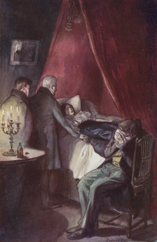 Emma, çenesini göğsüne gömmüş, açık, bakan gözlerle yatıyordu. by Pierre Georges Jeanniot