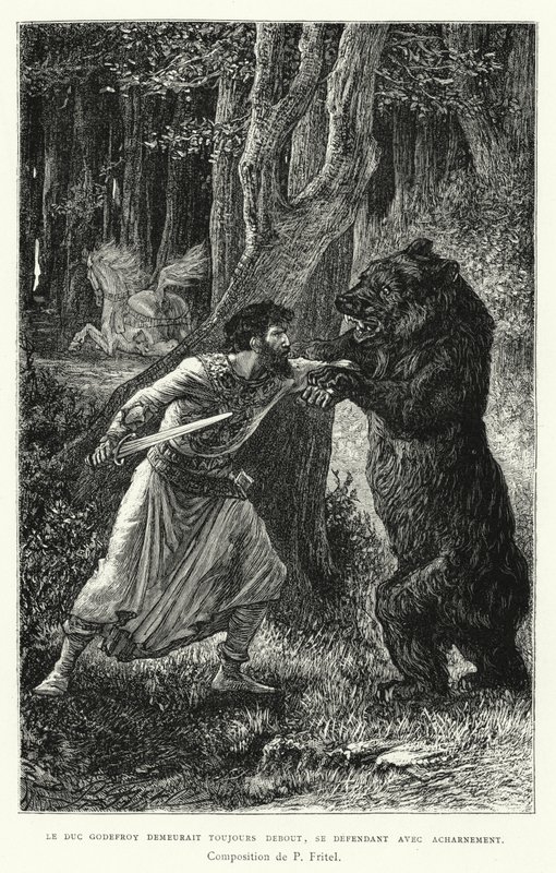 Duke Godfrey Hala Ayakta Kaldı, Kendini Şiddetle Savundu (gravür) by Pierre Fritel