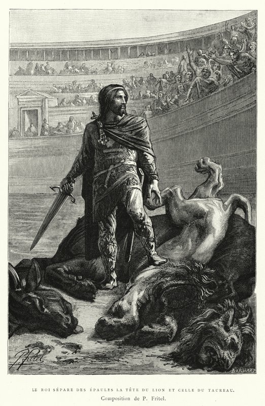 Kral Aslan Başını Boğa Başını Omuzlarından Ayırıyor (gravür) by Pierre Fritel