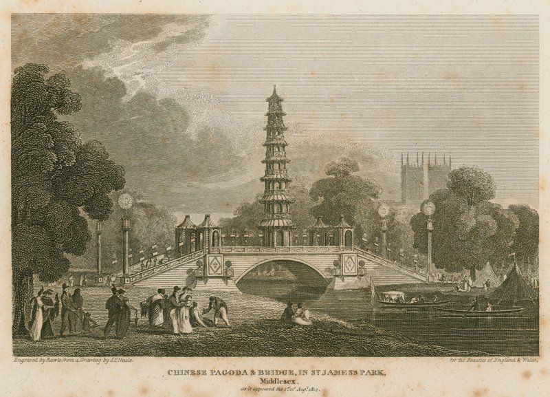 ಚೀನೀ ಪಗೋಡಾ ಮತ್ತು ಸೇತುವೆಯನ್ನು ಸೇಂಟ್ ಜೇಮ್ಸ್ ಪಾರ್ಕ್‌ನಲ್ಲಿ ಕಾಲುವೆಯ ಮೇಲೆ ನಿರ್ಮಿಸಲಾಗಿದೆ, ಅದು 1 ಆಗಸ್ಟ್ 1814 ರಂದು ಟರ್ಕಿಯಲ್ಲಿ ಕಾಣಿಸಿಕೊಂಡಿತು. by Pieter Jansz. Quast