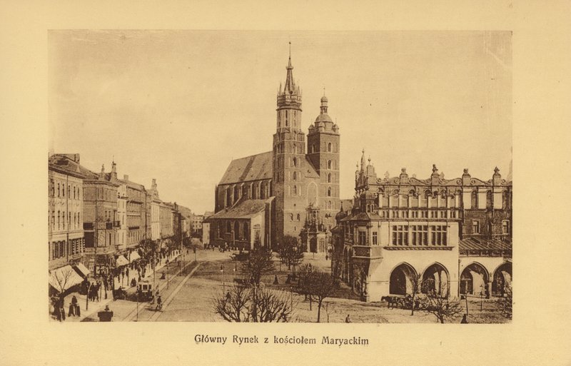 Krakow-Krakau: Aziz Mary Kilisesi ile Ana Pazar Meydanı (b/w fotoğraf) by Polish Photographer