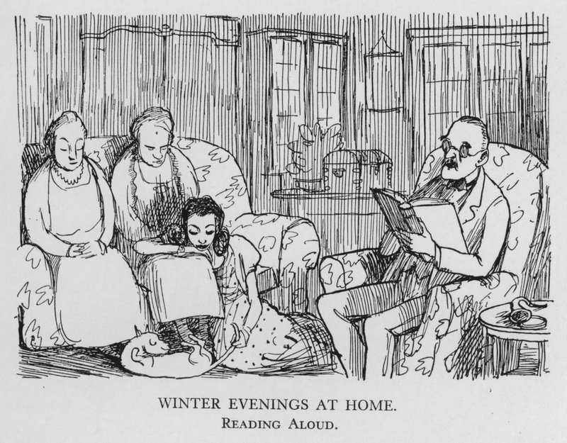Winter evenings at home; reading aloud (litho) by Pont