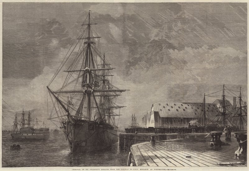 Bay Peabody'nin Kalıntılarının Demiryolundan Portsmouth'daki HMS Monarch'a Kaldırılması by R. Dudley
